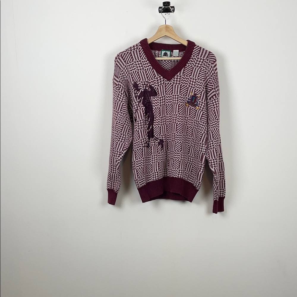 Vintage IZOD Embroidered Golf Chunky Men's S Burgundy Patterned Preppy Sweater